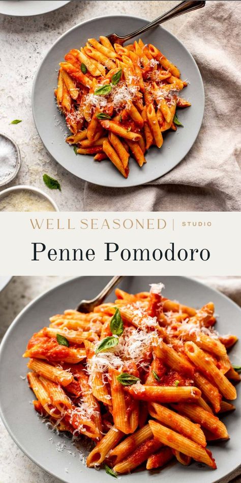 Our easy Penne Pomodoro combines the classic Italian pomodoro sauce with perfectly al dente penne pasta. It's quick to make, has a robust tomato flavor, and is perfect alongside roasted or sautéed vegetables and your favorite side salad. A clear family favorite for busy weeknights! #wellseasonedstudio #pomodorosauce #pennepasta #pennepomodoro #tomatosauce Penne Pomodoro, Pomodoro Sauce Recipe, Tomato Cream Sauce Pasta, Chicken Marsala Pasta, Pomodoro Recipe, Pomodoro Sauce, Italian Diet, Italian Tomato Sauce, Tomato Basil Pasta