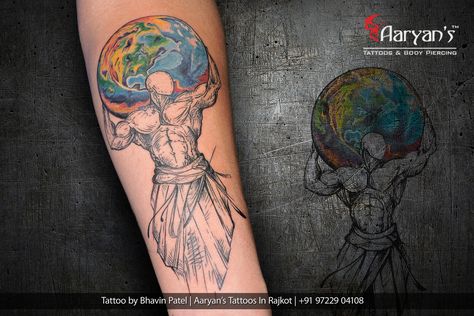 A #Man holding the whole #Earth on his shoulder.This tattoo means #Strength, #Struggle and #Power.  Tattoo Style: Sketch with Color shading  Artist #BhavinPatel  Instagram : https://www.instagram.com/bhavin_tattooist/ Call for Tattoos : +91 9722 904 108  Studio Aaryan's Tattoos & Body Piercing in Rajkot    #Best, #Creative, #Amazing #Color #EarthTattoo #Man #Ink #BigTattoos #TattooOnForearm  #Art #ArtistLife #ArtByBhavin #Aaryans #TattooStudioInRajkot #TattooIndia #tattooCulture... World On Shoulders, Shoulders Tattoo, World On My Shoulders, The World Tattoo, Tattoo School, Good Tattoos, Earth Tattoo, International Tattoo, Power Tattoo