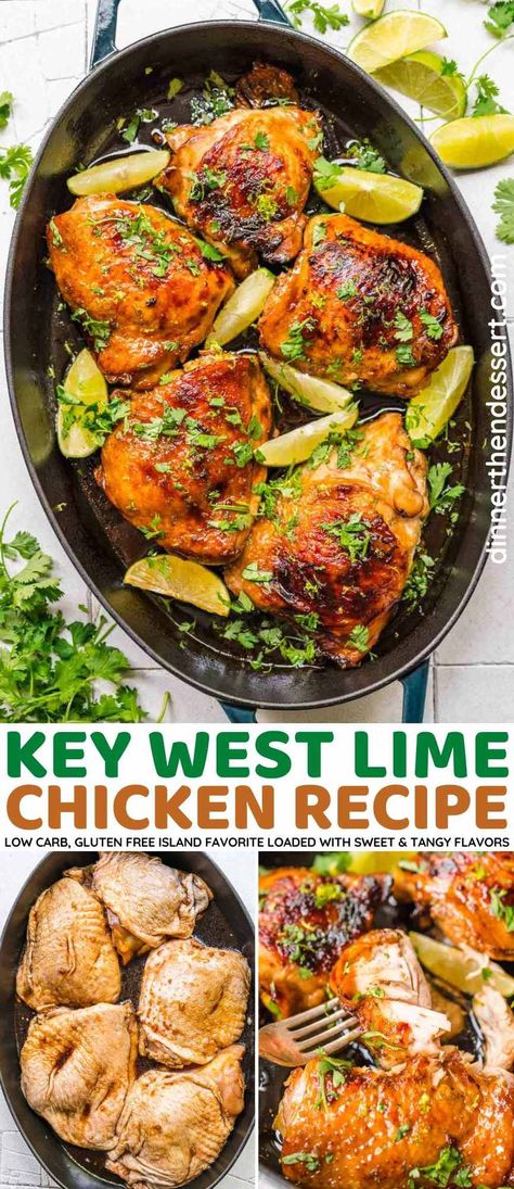 Key West Lime Chicken is a juicy chicken recipe full of tropical flavor! Baked chicken thighs in a key lime juice, honey and garlic marinade. Key Lime Juice Recipes, Healthy Lime Chicken Recipes, Tropical Chicken Recipes, Honey Lime Garlic Chicken, Baked Lime Chicken Recipes, Key West Chicken Marinade, Key Lime Chicken, Garlic Lime Chicken Thighs, Chicken Thighs Marinade