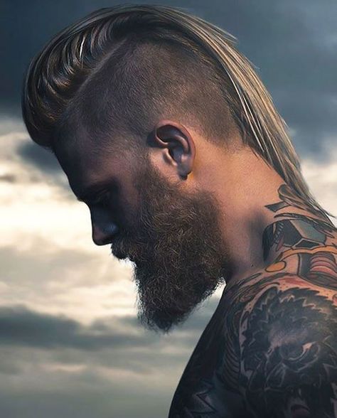 Versatile Undercut Mohawk Wavy Mens Haircut, Viking Hairstyles Men, Viking Hair Men, Men Mohawk, Viking Hair Styles, Hair For Guys, Blue Dragon Tattoo, Shaved Head With Beard, Viking Haircut