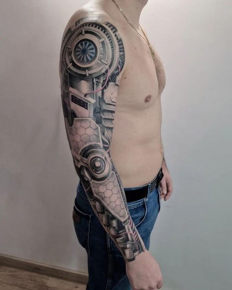 Sci Fi Tattoos, Robotic Arm Tattoo, Biomechanical Tattoo Arm, Cyberciligism Tattoo, Traditional Back Tattoo, Biomechanical Tattoos, Biomechanical Tattoo Design, Sleeve Tattoo Designs, Shoulder Cap Tattoo