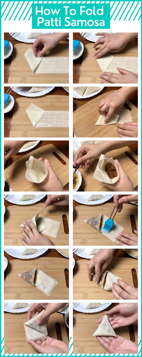 Learn how to fold patti samosa with these step by step pictures Samosa Aesthetic Pictures, Patti Samosa Recipe, Keema Samosa Recipe, How To Fold Samosas Step By Step, How To Make Samosas Step By Step, Samosa Pictures, Samosa Patti Recipes, Samoosa Fillings Recipe Videos, How To Make Samosas Dough