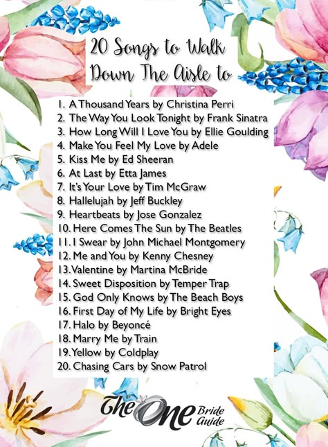 When you make your grand entrance and begin walking down the aisle on your big day, you need to pick a song that really captures that moment perfectly. We came up with a list of 20 songs that you can walk down the aisle to. Songs Needed For Wedding, What Songs Do You Need For Wedding, Songs To Walk Down The Aisle To Entrance, Songs To Walk Down The Aisle To Country, Bride Songs Entrance Walks, Sweet Songs, Wedding Songs To Walk Down Aisle Exit, Wedding Playlist Ceremony, Country Songs To Walk Down The Aisle To