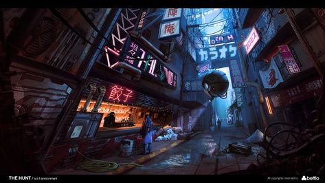 ArtStation - The Hunt : Sci-Fi Environment , Damian Bonczyk Sci Fi Street, Cyberpunk Alleyway, Dystopian Cities, Cyberpunk Dystopia, Scifi Environment, Dark Alley, Cat Game, Sci Fi City, Sci Fi Environment