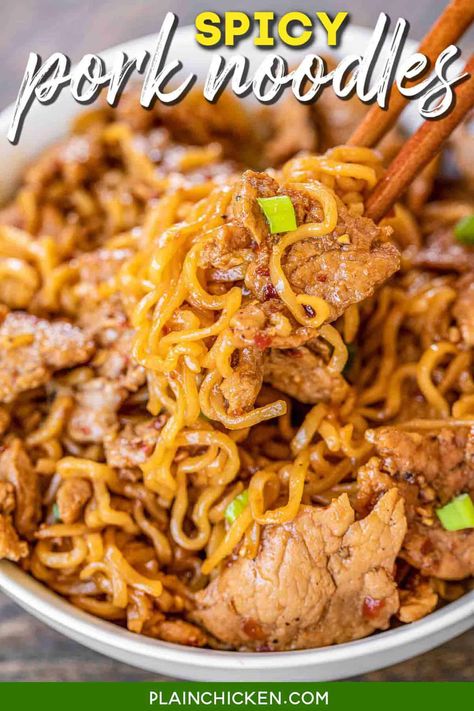 Spicy Pork Noodles - ready to eat in 10 minutes!!! Only 5 ingredients! Great weeknight meal!! Great way to use up leftover pork tenderloin. Pork tenderloin, brown sugar, soy sauce, chili garlic sauce, ramen noodles and green onions for garnish. Can add green beans or asparagus. We ate this twice in one week. Everyone LOVES this easy noodle bowl!! #pork #asian #ramen #noodles Pork Chops And Ramen Noodles, Pork Stir Fry With Ramen Noodles, Pork And Rice Noodle Recipe, Pork Tenderloin Ramen Recipe, Spicy Pork Noodle Bowl, Hoisin Pork With Rice Noodles, Pork Ramen Noodles Recipes, Pork Tenderloin Noodle Bowl, Ramen Noodles With Pork