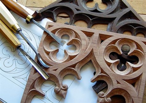 Gothic Tracery. Mahogany Gothic Tracery, Woodworking Plans Patterns, Wood Carving Furniture, Medieval Furniture, Gothic Furniture, Woodworking Patterns, Woodworking Inspiration, Chip Carving, Wood Carving Designs