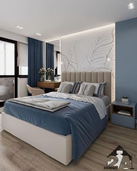 Design Behind Bed, Blue Colour Bedroom, Bedroom With Two Windows, Bedroom Colour Design, Stylish Bedroom Design, Bedroom Interior Design Luxury, Modern Bedroom Interior, Bedroom Decor Design, Bedroom Bed Design