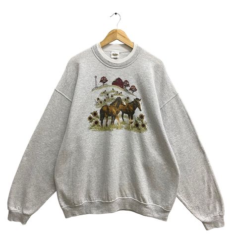 Vintage Farmhouse Grey Sweatshirt Size 2X Horse Crewneck Sunflower View Village Sweater Pullover Animal Floral Print Logo Jumper by brixtonclothing on Etsy Closet Revamp, Farmhouse Grey, Horse Sweatshirts, Cute Country Outfits, Yarn Sweater, Adam Sandler, Swaggy Outfits, Sweater Pullover, Country Outfits