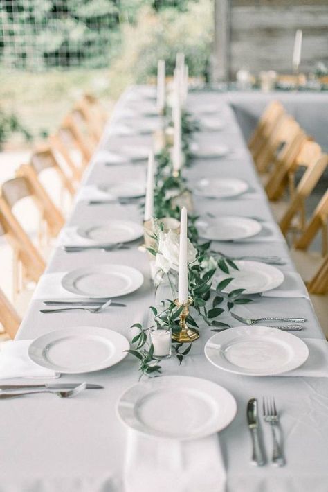 The Golden Girl | Simple & Beautiful Wedding Inspiration, rustic, wedding,  modern, whites, greenery, simple, chic, blogger, fashion blogger, inspiration, beautiful, simplicity Chic White Wedding, Green Wedding Centerpieces, Cheap Wedding Table Centerpieces, Wedding Candles Table, Long Table Wedding, Table Garland, Greenery Centerpiece, Wedding Floral Centerpieces, Wedding Table Decorations