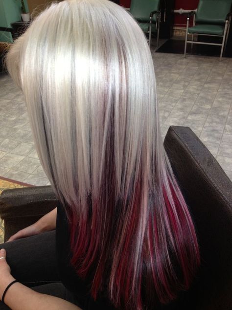 White Hair With Color Underneath, White Red And Black Hair, Maroon And White Hair, Black Hair With Red And White Highlights, White Hair Red Highlights, White Hair With Red Highlights, Black Red And White Hair, Black White And Red Hair, Blonde Black And Red Hair