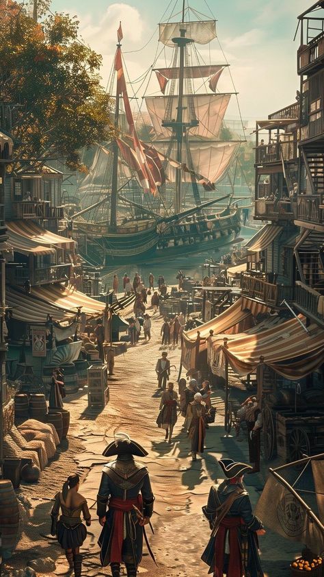 Tortuga Pirates Of The Caribbean, Pirate Island Aesthetic, Fantasy Pirate Aesthetic, Pirate Ship Aesthetic, Pirate Fantasy Art, Dark Pirate Aesthetic, Pirate Port, Fantasy Pirate Ship, Dnd Ship