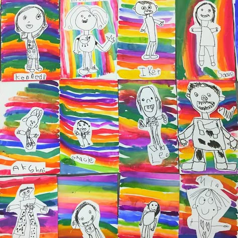 Cassie Stephens: Kindergarten Rainbows and Self-Portraits! Kindergarten Self Portrait Ideas, Kindergarten Drawing Lesson, Our Class Is A Family Art Project, Identity Art Kindergarten, Kindergarten Portraits, Portrait Art Lesson, Kindergarten Art Show, Easy Kindergarten Art, Kids Self Portrait Ideas