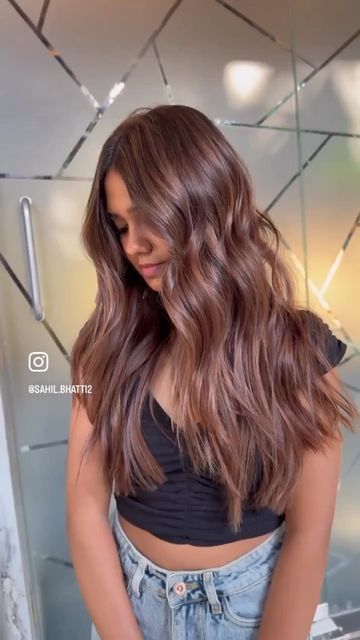 Popular Brown Hair Colors, Hazelnut Light Brown Hair, Chocolate Mousse Hair Color, Pink Toned Brown Hair, Rose Brown Hair Color Brunettes, Cherry Mocha Hair, Golden Brunette Hair Balayage, Hair Colors For Olive Skin Tone, Peach Brown Hair