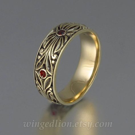 The+RED+COUNT+mens+wedding+band+in+14K+yellow+gold+with Victorian Wedding Ring Men, Rose Gold Mens Wedding Band, Dreamy Jewelry, Mens Wedding Rings Unique, Filigree Wedding Band, Garnet Wedding, Pinky Rings, Mens Gold Wedding Band, The Count