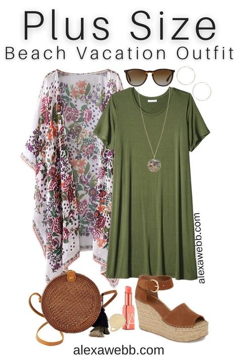 Plus Size Beach Vacation Outfits with a t-shirt dress, boho kimono, straw rattan crossbody, and platform espadrilles - Alexa Webb Plus Size Beach Vacation Outfits, Look Hippie Chic, Alexa Webb, Look Boho Chic, Plus Size Beach, Plus Size Summer Outfits, Beach Vacation Outfits, Look Plus Size, Cruise Outfits