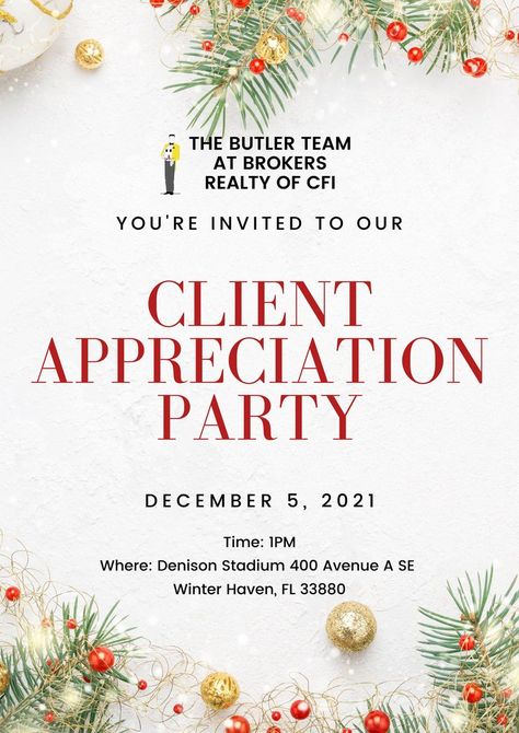 We are excited to see you all on December 5, Sunday at 1PM for our annual Client Appreciation Party. This is our way of giving back to our clients, past, present and future. We are forever grateful for serving you with your real estate needs. The favor of a reply is requested by the Third of December to Santa’s Hotline at (863) 600-6034. Client Appreciation Party, Catered Food, Client Appreciation Events, Photos With Santa, 4 More Days, Mortgage Loan Officer, The Butler, Mortgage Loan, Excited To See You