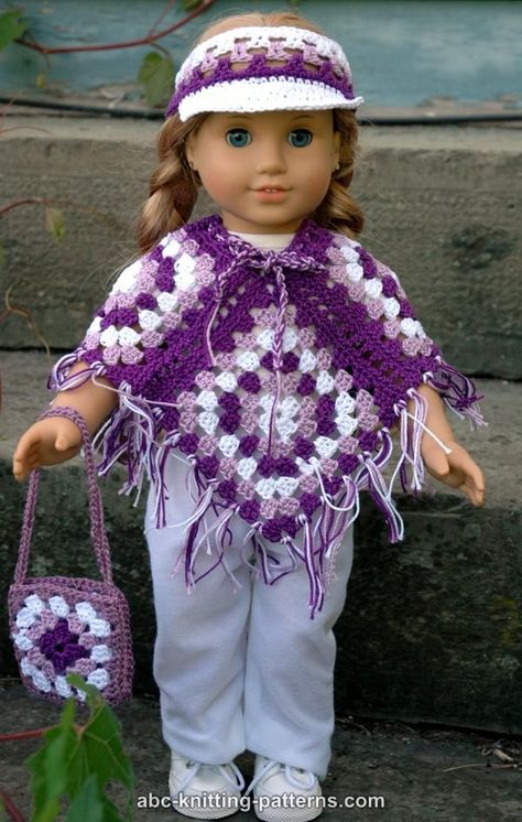 ABC Knitting Patterns - American Girl Doll Granny Square Poncho Crochet Poncho Patterns Kids, Granny Square Poncho, Crochet Baby Poncho, Crochet Doll Clothes Free Pattern, American Girl Crochet, Girls Poncho, Crochet Poncho Free Pattern, Poncho Crochet, American Girl Patterns