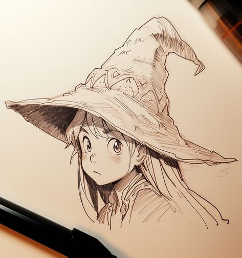 Witch Drawings Sketches, Witch On Broom Illustration, Witch Aesthetic Sketch, Witch Hat Sketch, Wizard Hat Drawing Reference, Cute Witch Hat Drawing, Old Witch Drawing, Witch Cottage Drawing, Witch Hat Reference