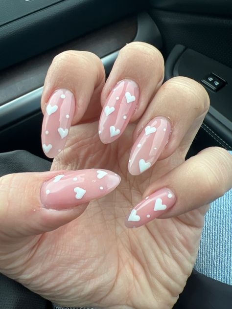 Nails With Hearts Acrylic, Pink Nails White Hearts, Light Pink Heart Nails, Light Pink And White Nails, Hearts Acrylic Nails, Nails White Heart, White Heart Nails, Love Heart Nail Art, Nails With Hearts