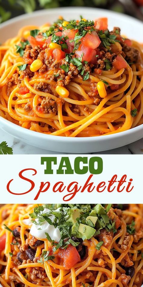 Looking for a quick and delicious dinner idea? This Taco Spaghetti recipe is a fun twist on classic spaghetti, combining the bold flavors of tacos with hearty pasta! 🌟 Ready to whip up a delicious dinner? Gather your ingredients and dive into this Taco Spaghetti recipe tonight! Your taste buds are in for a treat! #TacoSpaghetti #DinnerIdeas #EasyRecipes #FamilyMeals #PastaRecipes #TacoNight #ComfortFood #QuickMeals #FoodieFavorites #WeeknightDinner Healthy Taco Spaghetti, Japanese Spaghetti Recipes, Taco Spaghetti To Die For, Taco Spaghetti Easy, Spaghetti Ground Beef, Taco Spaghetti Recipe, Spaghetti Tacos, Mexican Burger, Spaghetti With Ground Beef