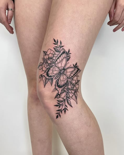 Leg Sleeves For Females Butterflies, Woman’s Leg Tattoos, Knee Hugger Tattoo, Butterfly Leg Tattoo Thighs, Butterfly Tattoo Knee, Floral Calf Tattoo, Leg Piece Tattoo Women, Around The Knee Tattoos Women, Floral Knee Tattoo