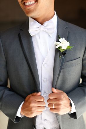 White bow tie with white vest -- chic groom style! | Ryan and Florent's Sweet San Fransisco City Hall Wedding | via Love Inc. | photo by Linda Tran Photography White Jeans For Men, Linda Tran, White Tuxedo Wedding, Men Tuxedo, White Tux, Wedding Tux, Prom Tuxedo, San Francisco City Hall Wedding, Wedding Tuxedo