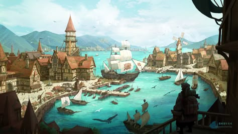 Medieval Port City, Medieval Port, Dnd World Map, Hyun Kim, Port City, City Background, Ji Hyun, Landscape Concept, Coastal Cities