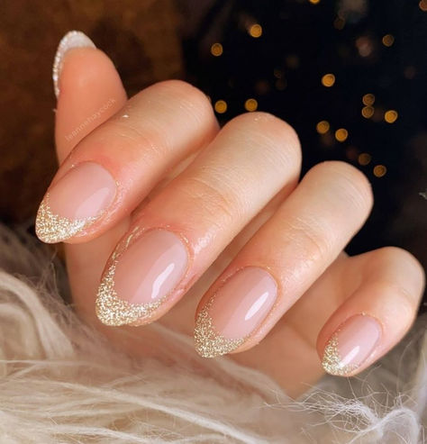 50 Gold French Tip Nail Art Inspirations Glitter Tip Manicure, Sparkly Gold French Tip Nails Almond, Prom Nails With Gold Dress, Nail Ideas For Gold Dress, Gold Tipped French Manicure, Gold Sparkle Nail Designs, French Manicure With Sparkle, Shimmer French Tip Nails, Gold Sparkle French Tip Nails