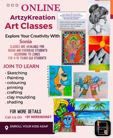 Online classes for Indian and overseas students are available for age 4-15 years old students. Classes are available acc to there zones. Interested people DM me directly on my what's app no 9899360867 for more details. Educational Banner, Art Class Posters, Summer Drawings, Learn To Sketch, Book Cover Page, Class Poster, Summer Camp Crafts, Pamphlet Design