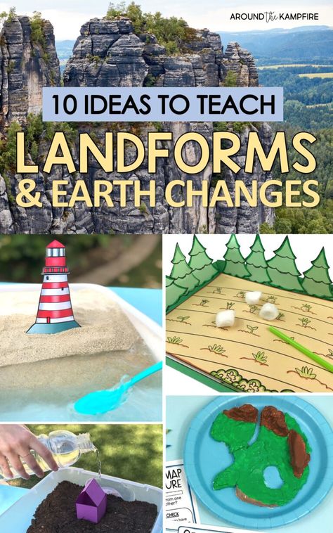 Hands-on ideas and 10 different activitiesffor teaching 2nd grade Earth changes & landforms activities, projects, experiments. 2nd Grade Science Experiments, Teaching Landforms, Landforms Activities, 2nd Grade Science, Utah History, Teaching 2nd Grade, Land Forms, Earth Science Activities, Slow Changes