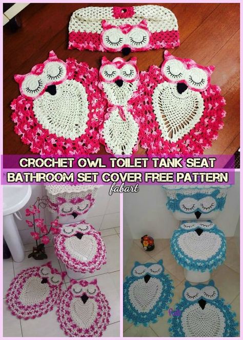 DIY Crochet Owl Toilet Tank Seat Cover Set Free Pattern-Video Toilet Covers Ideas, Crochet Toilet Seat Cover, Crochet Bathroom Set, Crocheted Owls, Bathroom Crochet, Owl Bathroom, Owl Rug, Crochet Bathroom, Diy Seating