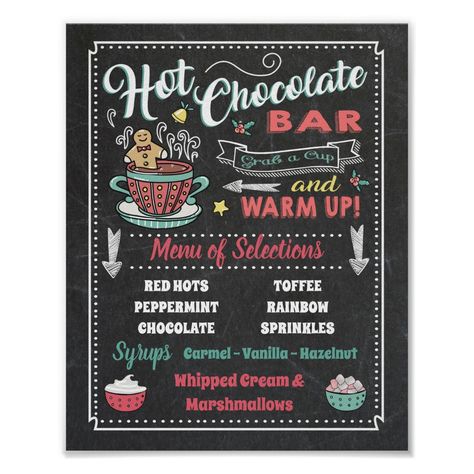 Hot Chocolate Bar Party, Hot Chocolate Bar Sign, Christmas Pancakes, Hot Chocolate Sign, Pancakes And Pajamas, Bar Menu Sign, Hot Chocolate Cocoa, Hot Chocolate Bar, Menu Sign