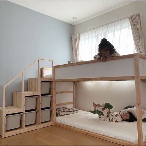 Childrens Bedrooms Ikea, Kura Full Bed Hack, Ikea Kura Shared Room, Ikea Toddler Room Boy, Ikea Kura Stairs, Sibling Room Sharing Brother Sister Small Room, Toddler Clothing Organization, Ikea Kids Bedroom Boys, Trofast Bookshelf