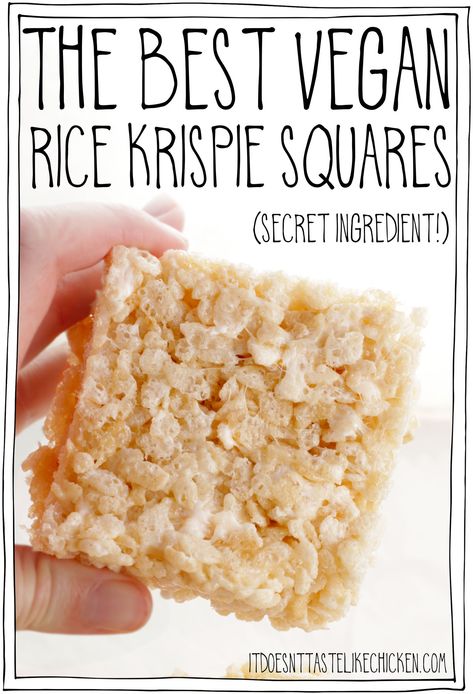 The best vegan rice Krispie squares! Just 10 minutes to whip up and only 6 simple ingredients. I also share with you my super-secret ingredient that makes these vegan rice Krispie treats the absolute hands-down best! Hint: these rice Krispie squares have a very slight birthday cake flavor!! Ooey gooey marshmallow with crispy rice cereal, talk about snack perfection. #itdoesnttastelikechicken #vegandesserts Vegetarian Rice Krispie Treats, Rice Krispie Treats Vegan, Vegan Squares And Bars Recipes, Best Rice Krispie Squares, Vegan Squares, Vegan Cereal, Vegan Rice Crispy Treats, Vegan Rice Krispie Treats, Aip Cookies