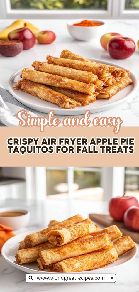 Looking for a quick and easy dessert? This Quick and Easy Air Fryer Apple Pie Taquitos Recipe is your answer! With just a handful of ingredients, you can whip up crispy taquitos filled with sweet, spiced apples in no time. The air fryer gives them a golden-brown finish without the guilt of frying. Perfect for a cozy night in or as a crowd-pleasing snack at gatherings, these taquitos are bound to become a favorite in your household! Apple Pie Taquitos, Crispy Taquitos, Air Fryer Apple Pie, Quick Easy Family Meals, Taquitos Recipe, Gourmet Dishes, Recipes Meal Prep, Diced Apples, Apple Filling