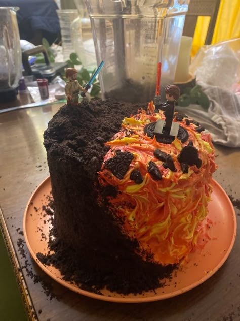 Battle Of Mustafar Cake, Star Wars Cake Anakin Obi Wan, Mustafar Cake Star Wars, Nerd Birthday Cakes, Anakin And Obi Wan Cake, Homemade Star Wars Cake, Star Wars Bday Cake, Star Wars Themed Cake, Revenge Of The Sith Cake