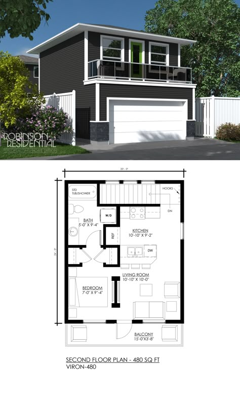 Enclosed Garage, House Plans With Garage, Adu Ideas, Bnb Ideas, Retro Garage, Garage Apartment Plan, Carriage House Plans, Cottage Plans, 1 Bedroom House