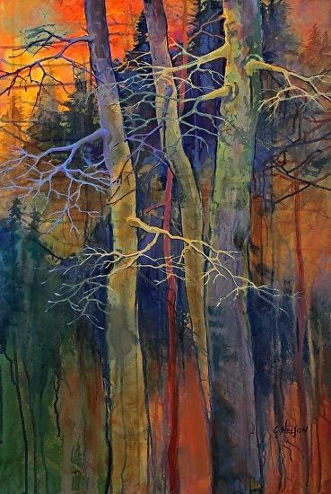 Twilight Dance by Carol Nelson - 36x24 (2014) Boom Kunst, Peisaj Abstract, Abstract Tree Painting, Colorado Artists, Soyut Sanat Tabloları, 수채화 그림, Abstract Tree, Contemporary Abstract Art, Contemporary Landscape