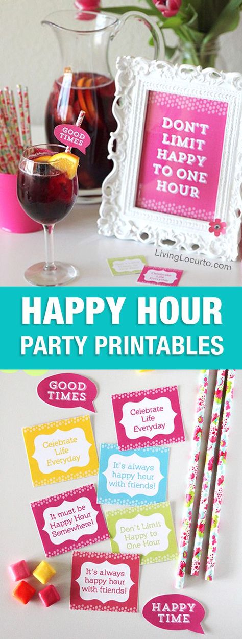 Fun Happy Hour Party Ideas and recipes! Call some friends and have a girl's day or night out with these simple Happy Hour Party Ideas and Free Printable Decorations! Happy Hour Party Ideas, Party Planning Printable, Holiday Party Centerpieces, Printable Friends, Diy Kids Party, Happy Hour Party, Birthday Party Decorations For Adults, 47th Birthday, Printable Decorations