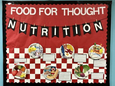 A nutrition bulletin board idea for fellow RA's :) Nutrition Board Ideas, Facs Bulletin Boards, Fcs Bulletin Boards High School, Facs Bulletin Board, Life Skills Ra Bulletin Board, Healthy Food Bulletin Board, Culinary Bulletin Boards, Health And Nutrition Bulletin Boards, Nutrition Bulletin Board Ideas