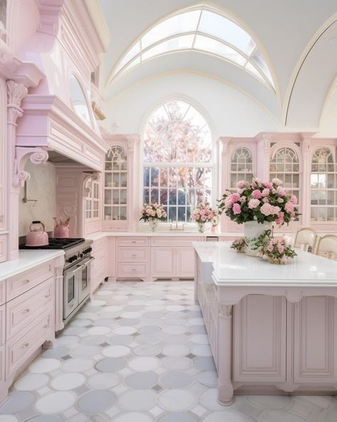 Luxury Pink Kitchen, Pink And White House Interior, Aesthetic Pink Kitchen, Coquette House Aesthetic, Pink Victorian House Interior, Barbie Inspired House, Pastel House Interior, Pink Girly House, Pink Home Ideas