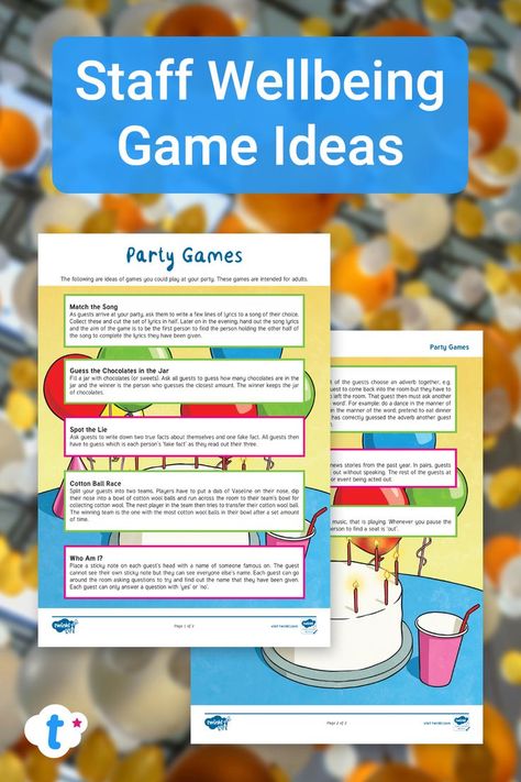 Twinkl's staff wellbeing activities for parties! Staff Wellbeing, Staff Activities, Wellbeing Activities, Teacher Party, Staff Party, Understanding Emotions, Staff Meetings, Game Resources, Ice Breaker Games