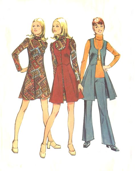 vest-like overdress 70s Mini Dress, 70s Sewing Patterns, Vintage Clothes Patterns, 1970s Sewing Patterns, Vest And Pants, Retro Sewing Patterns, 70s Clothing, Mod Mini Dress, 60s And 70s Fashion