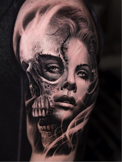 Skull Girl Tattoo, Girl Face Tattoo, Realistic Tattoo Sleeve, Skull Sleeve Tattoos, Skull Sleeve, Wicked Tattoos, Scary Tattoos, Chest Piece Tattoos, Tatuaje A Color