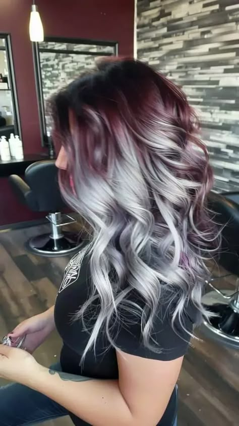 39 Silver Hair Ideas to Channel Your Inner Silver Siren - Luxe Luminous Grey Hair With Colored Streaks, Black And Grey Hair Ideas, Black And Silver Hair Ideas, Black Red And Blonde Hair, Silver And Red Hair, Black Hair With Silver Highlights, Silver And Black Hair, Black Silver Hair, Hairdye Ideas