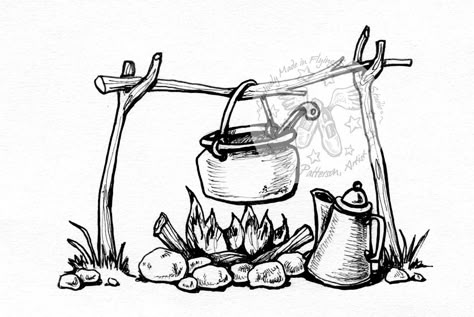 Drawing Ideas Outdoors, Adventure Drawing Ideas, Cute Camping Drawings, Camp Sketch, Campsite Drawing Easy, Camping Drawing Simple, Outdoor Drawings, Camping Cartoon Drawings, Camping Drawing Illustrations