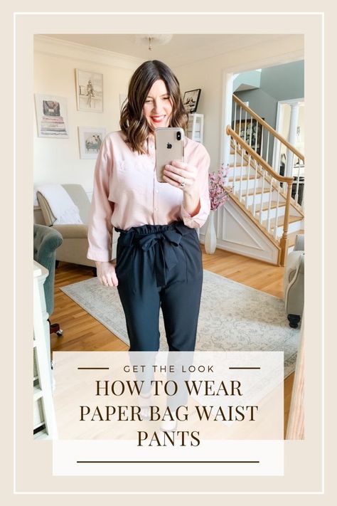 How To Style Black Paper Bag Pants, Pants That Tie At The Waist, High Waisted Belted Pants Outfit, High Waist Pencil Pants Outfit, Tying Paper Bag Pants, High Waist Paperbag Pants Outfit, Navy Paper Bag Pants Outfit, High Waist Tie Pants Outfit, Paperwaist Pants