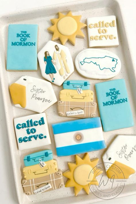 These royal icing sugar cookies are great for any farewell or homecoming celebration. They consist of a Book of Mormon cookie, sun cookie, “called to serve” cookie, suitcase cookie, Argentina flag cookie, dress that says “Sister Pearson” cookie, map cookie, and a cookie of Jesus and the sister missionary. All edible designs that personalize any party or event.    Feel free to click on picture to follow me on IG to see more cookie designs.   @whip.it.custom.cookies Missionary Farewell Party Ideas, Farewell Cookies, Missionary Homecoming, Mission Farewell, Farewell Cake, Missionary Care Packages, Royal Icing Sugar Cookies, Farewell Celebration, Mission Call