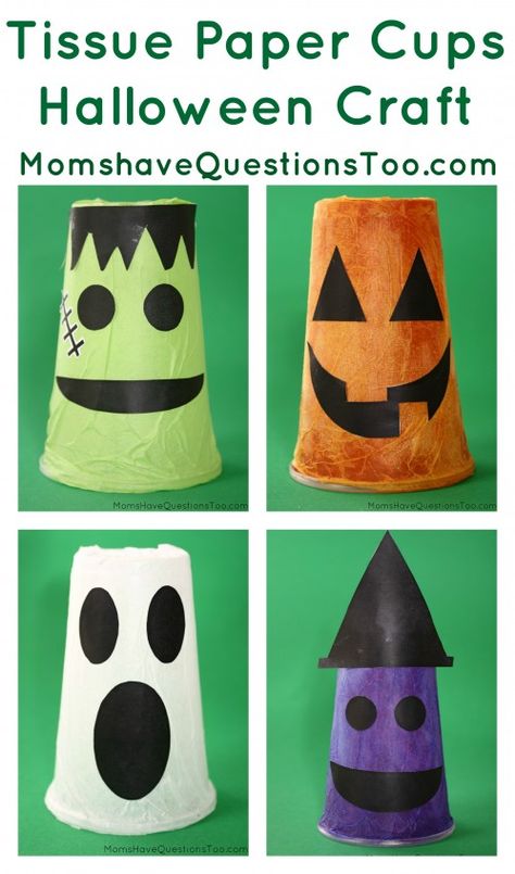 These cute tissue paper cups make a great Halloween craft, plus they double as decoration! Halloween Crafts Diy Projects, Halloween Luminaries, Paper Cup Crafts, Halloween Crafts Diy, Halloween Crafts Preschool, Tissue Paper Crafts, Plastic Craft, Fun Halloween Crafts, Halloween Preschool