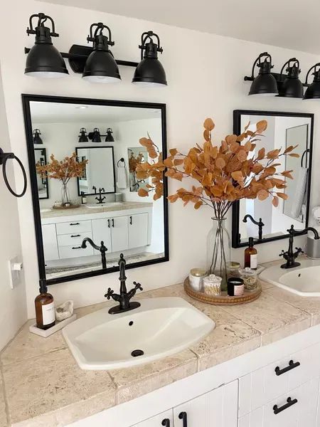 FALL \ new fall decor for my bathroom from Amazon! Loving these vibrant neutral faux stems. | SBK Living Decorating A Bathroom For Fall, Fall Half Bathroom Decor, Decorating A Bathroom, Fall Bathroom Decor, Half Bathroom Decor, Faux Stems, Fall Bathroom, Tuscan House, Fall Farmhouse